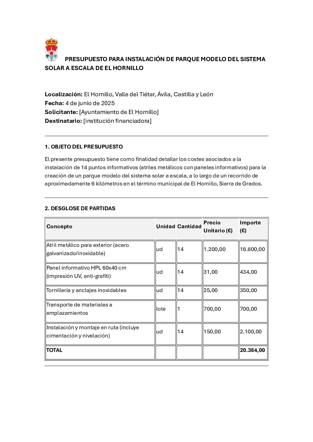 PRESUPUESTO PARA INSTALACIÓN DE PARQUE MODELO DEL SISTEMA SOLAR A ESCALA DE EL HORNILLO