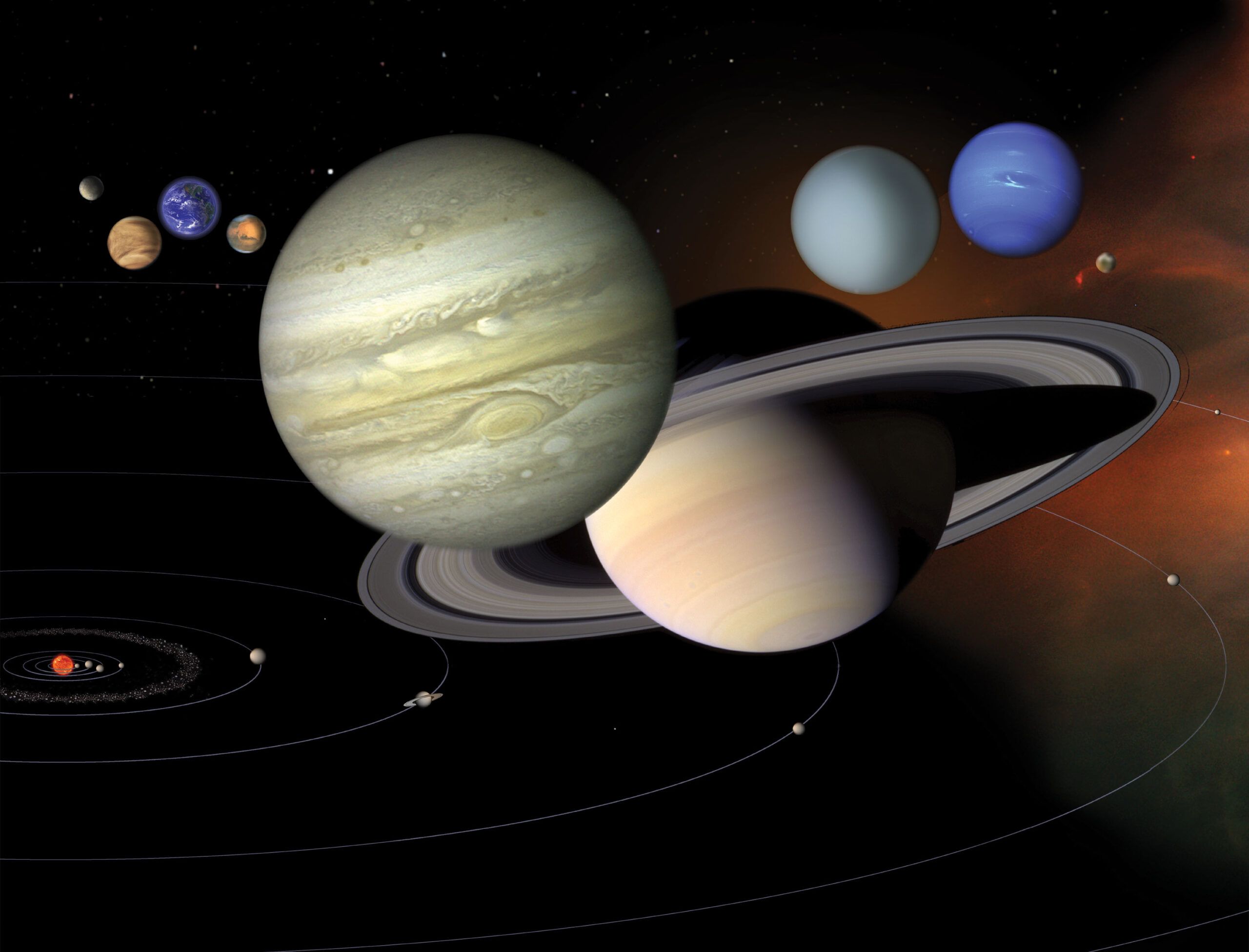 Los planetas del Sistema Solar con sus tamaños y distancias relativas